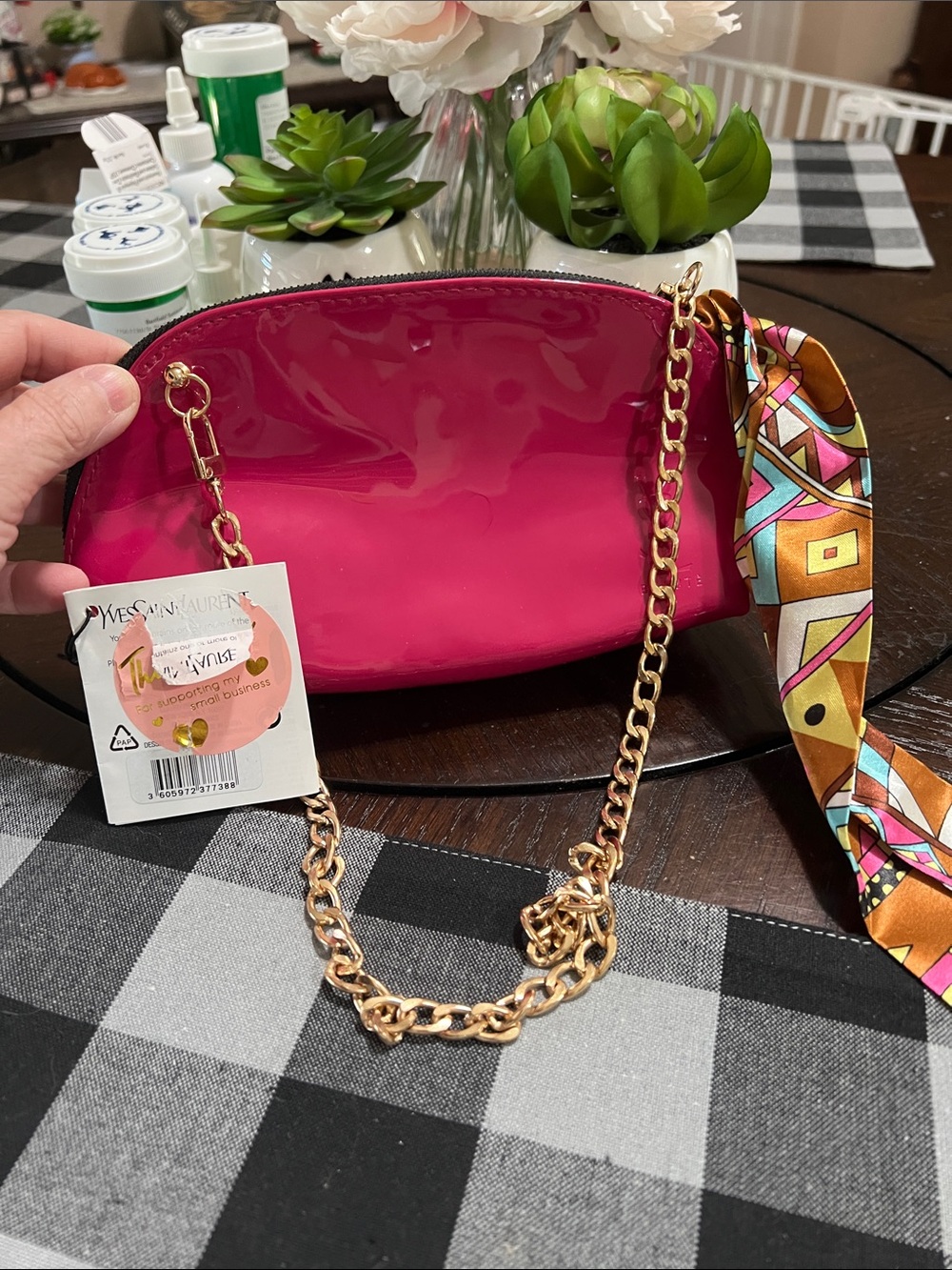 New Yves Saint Laurent Hot Pink Patent cosmetic bag with Gold Chain & Scarf